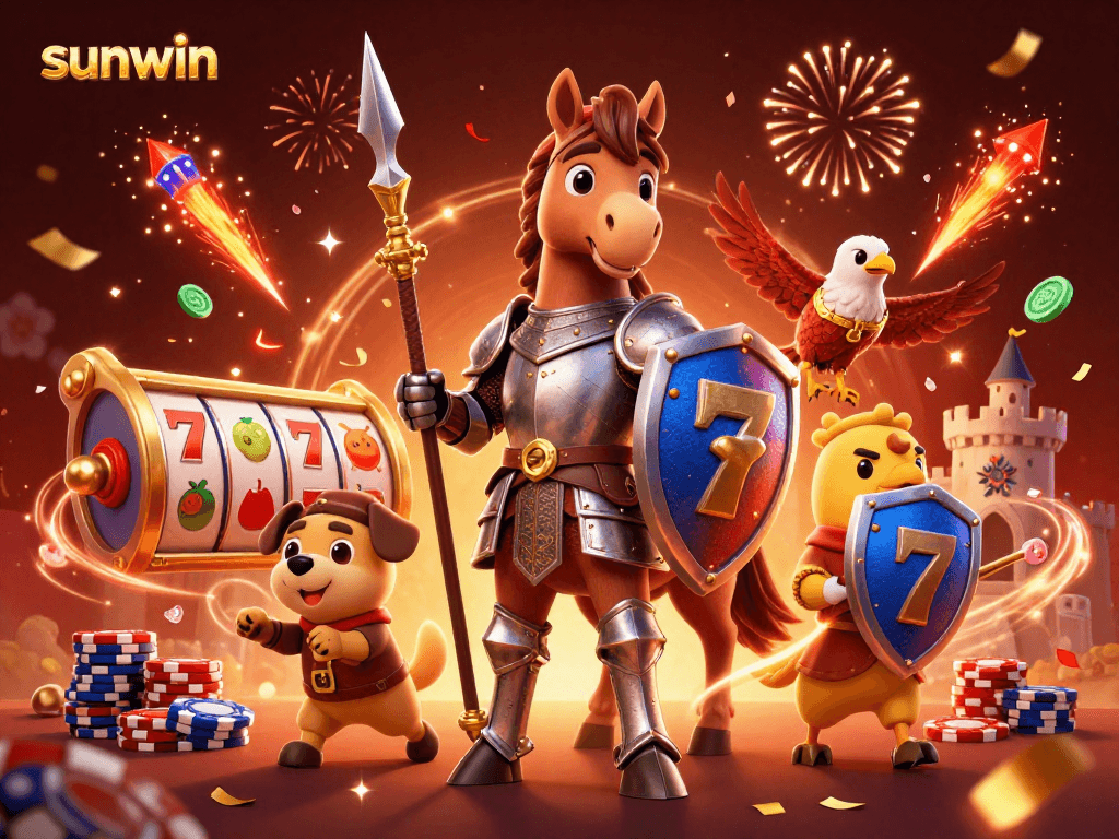 Experience the excitement of sunwin with knights and fortune elements in a vibrant casino illustration.
