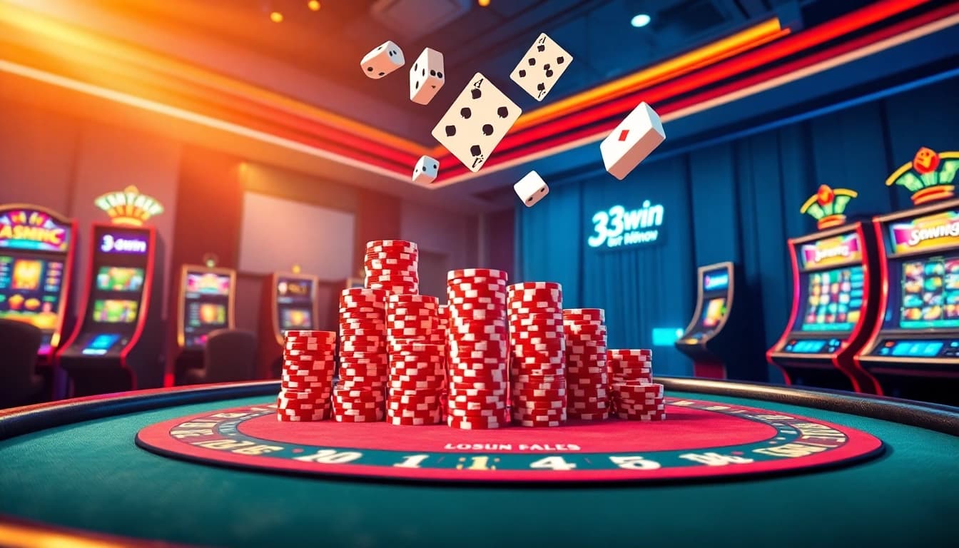 Gambling excitement at 33win with vibrant poker chips, slot machines, and betting interface in a luxurious casino setting.