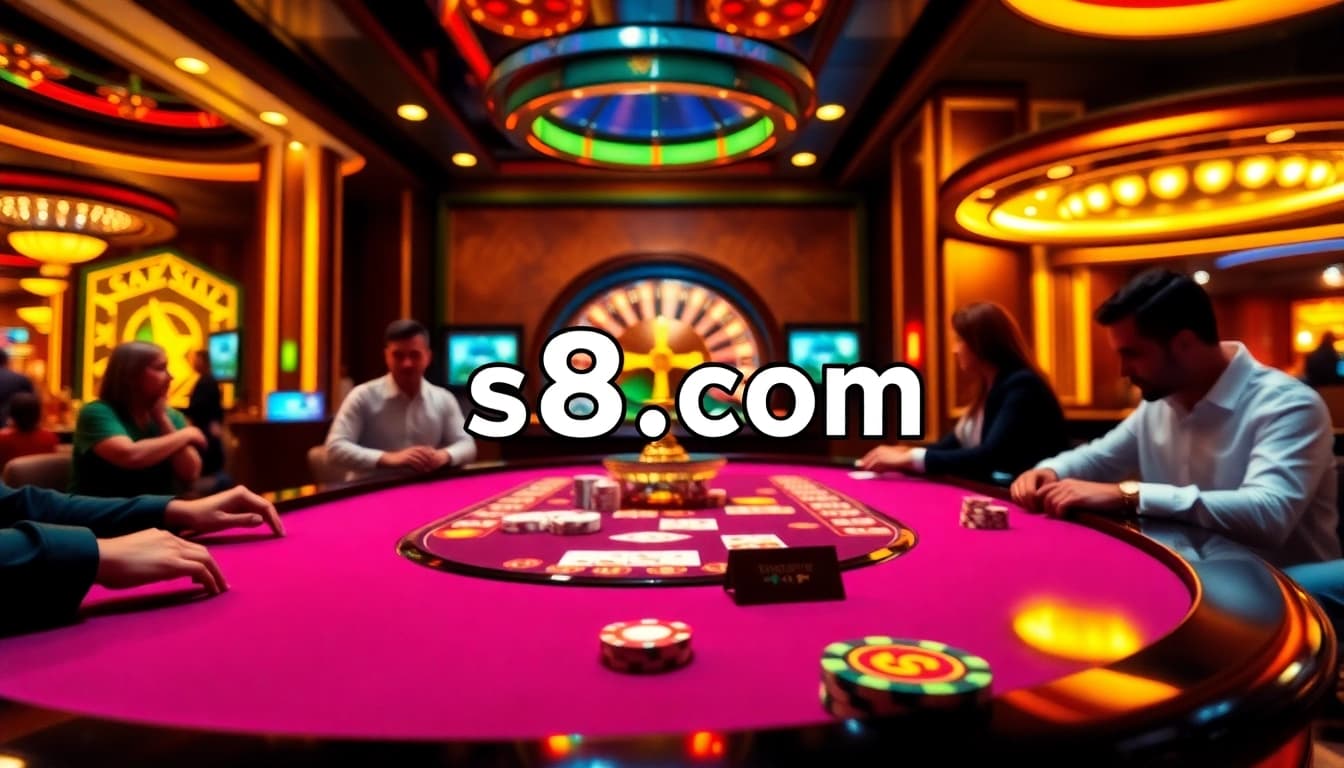 A dynamic gambling scene at s8.com featuring vibrant gaming elements, poker chips, and a roulette wheel.
