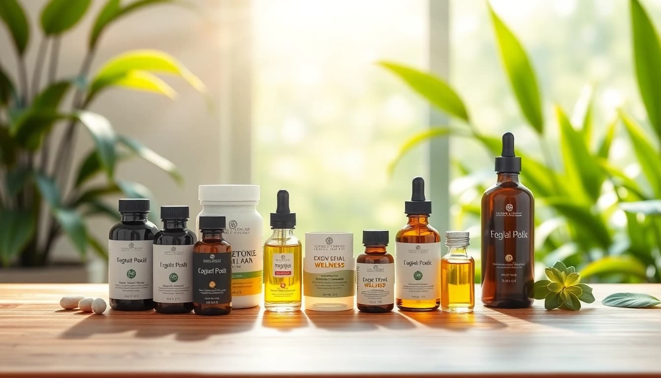 Hilma biocare Produkte auf einem stilvollen Holztablett im Spa-Umfeld.