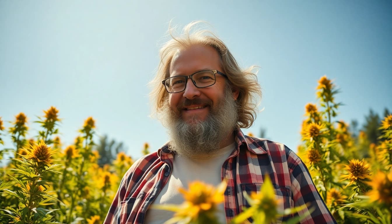 Jack Herer inspiriert in einem sonnigen Garten, umgeben von lebendigen Hanfpflanzen, symbolisiert seinen Aktivismus für die Legalisierung.