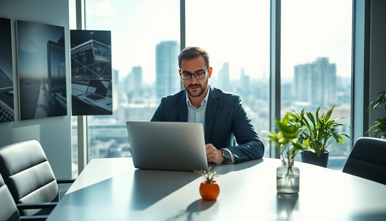 Headhunter IT überprüft Kandidatenprofile in modernem Büro mit Laptop.