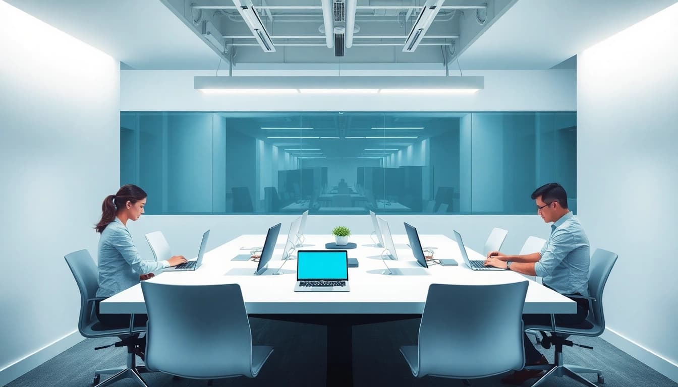 Berater im Bereich Unternehmensberatung bei einer strategischen Besprechung am Tisch mit Laptops.