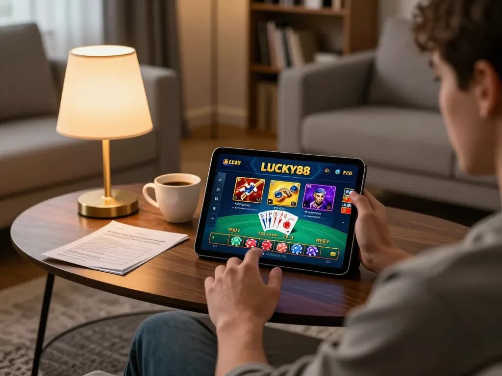 LUCKY88 online gaming setup showing player engaging with casino games on tablet in cozy living room.