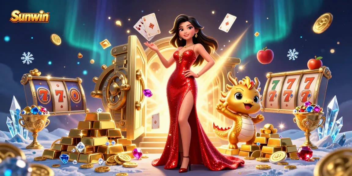 Sunwin, experience thrilling casino action with a captivating scene of slot games and jewels.