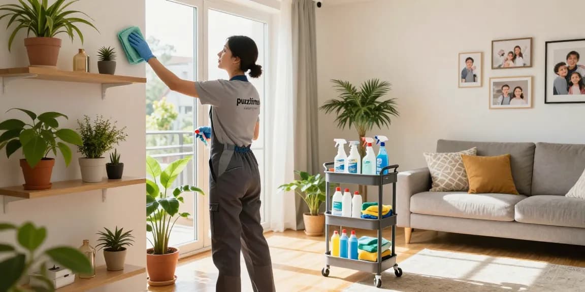 Professional cleaner showcasing expertise of putzfirma Bern in a bright living room.