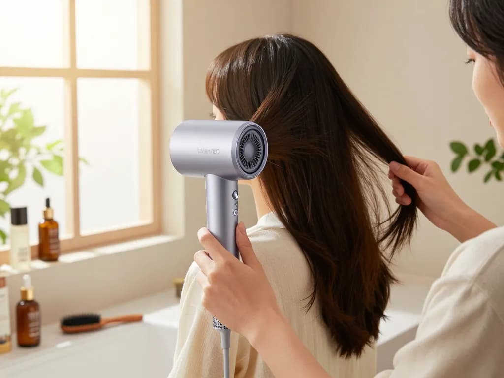 Erleben Sie die transformative Kraft des Laifen NEO Haartrockners in einem stilvollen Badezimmer-Setup für luxuriöse Pflege.
