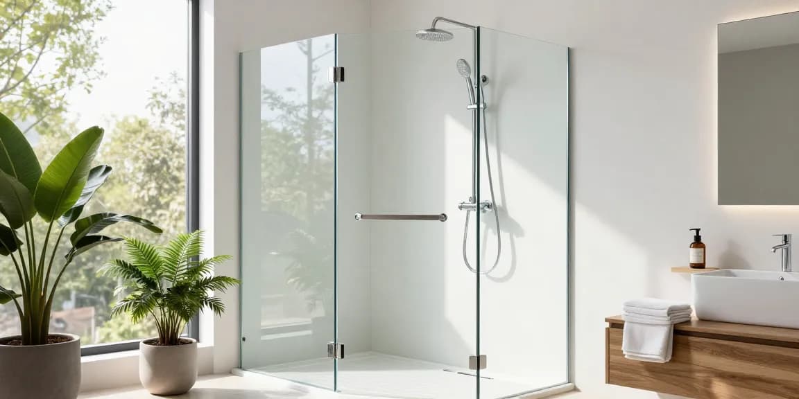 Frameless douchewand zonder stang die moderne badkamerinrichting met natuurlijk licht versterkt.