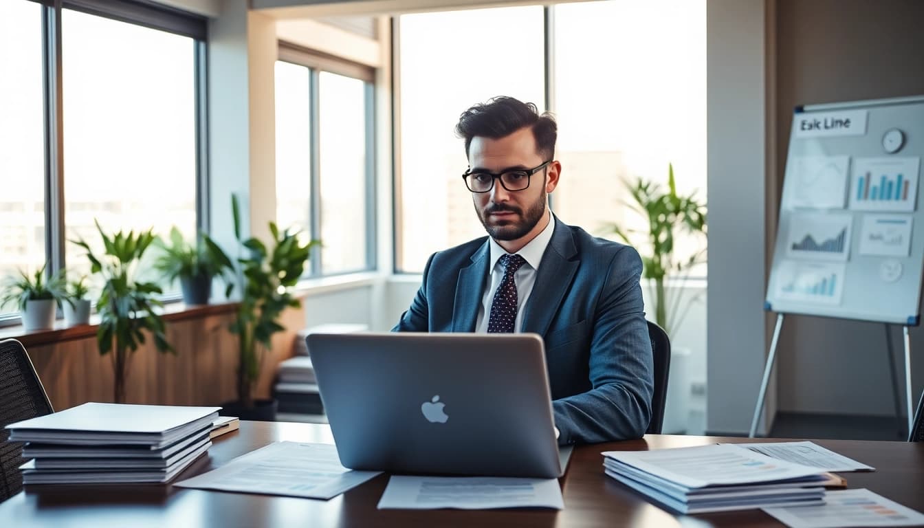 Professioneller Vertriebs-Headhunter analysiert Lebensläufe in modernem Büro.