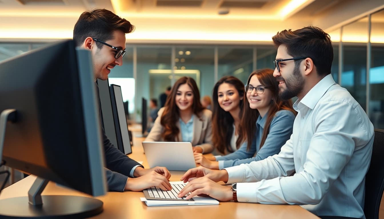 Jobsuche: Präsentation von Stellenangebote in einem modernen Büro mit mehreren engagierten Personen.