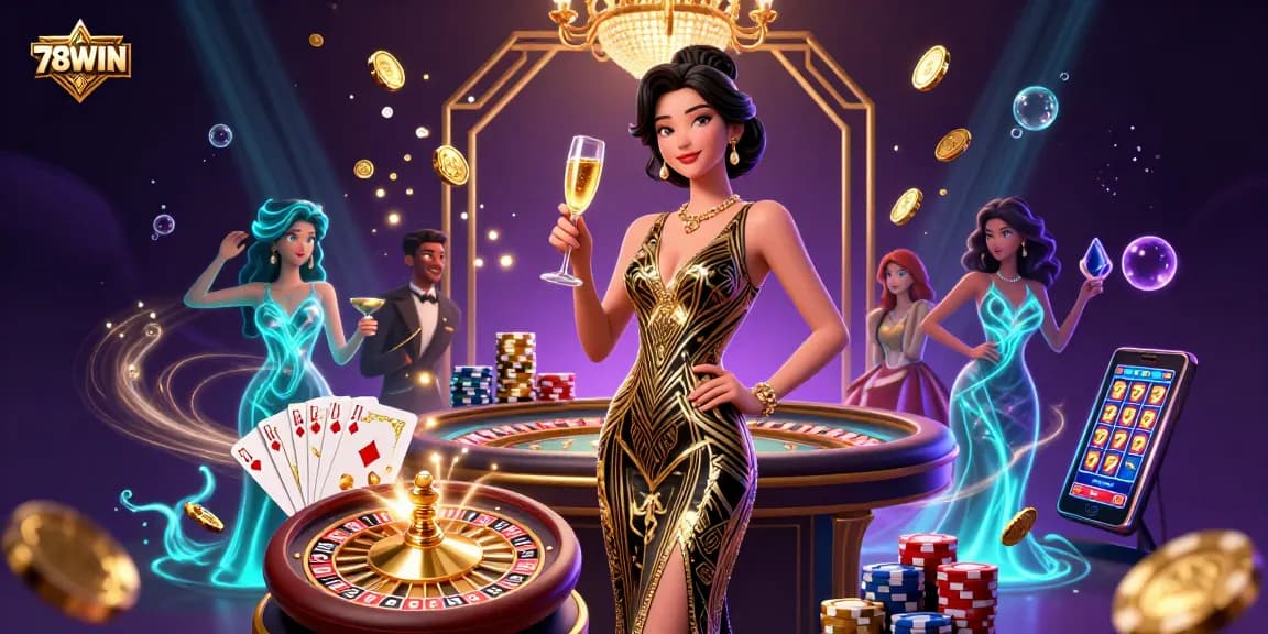 Experience glamorous gaming at 78WIN with stunning 3D visuals, golden coins, and roulette excitement.