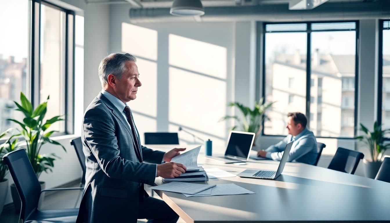 Ein Personalberater Vertrieb diskutiert Strategien mit einem Klienten in einem modernen Büro.