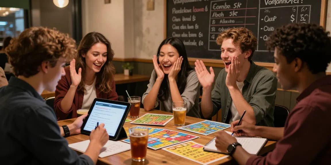 Quiz Allgemeinwissen: Gruppe von Freunden bei einem spannenden Quizabend in einem gemütlichen Café.