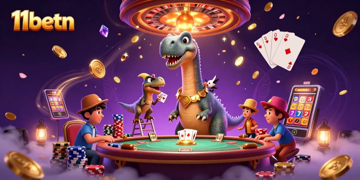 Engage with thrilling experiences at 11betn, where a giant brontosaurus presides over an exciting casino scene.