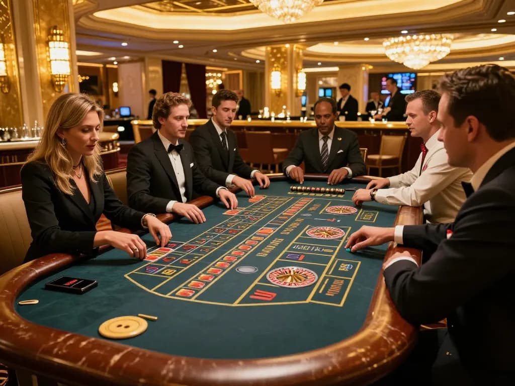 Engaged players at a roulette table in an upscale casino venue, showcasing excitement at go8casino com