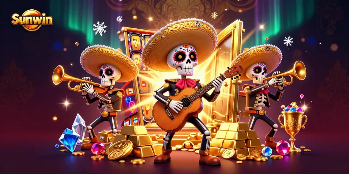 Experience vibrant Sunwin gaming with lively mariachi band, slot machines, and bursting treasure!
