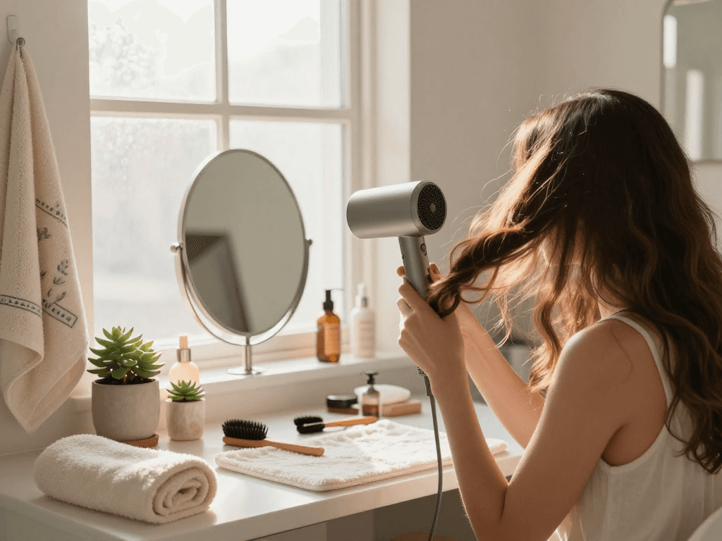 Woman using a small hair dryer for hairstyling in a beautifully organized bathroom vanity.
