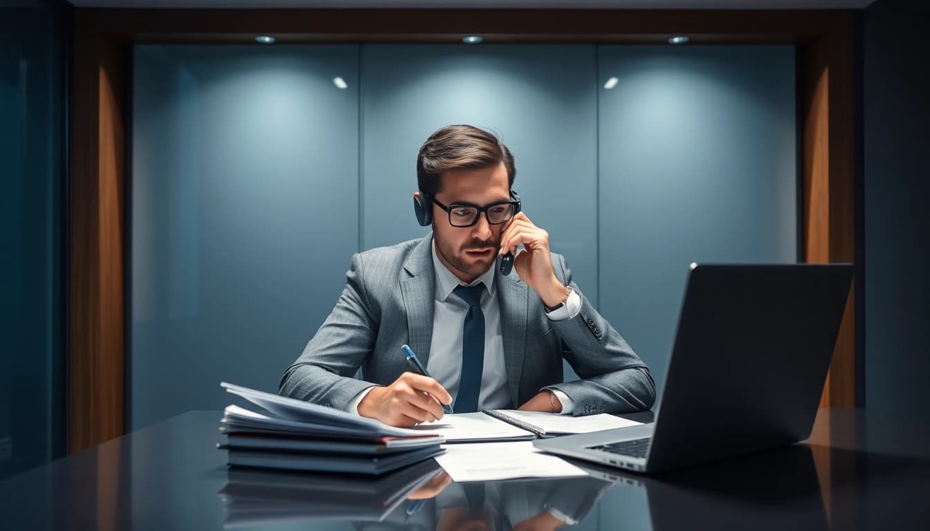 Headhunter führt ein intensives Telefonat bei der Arbeit am Schreibtisch.