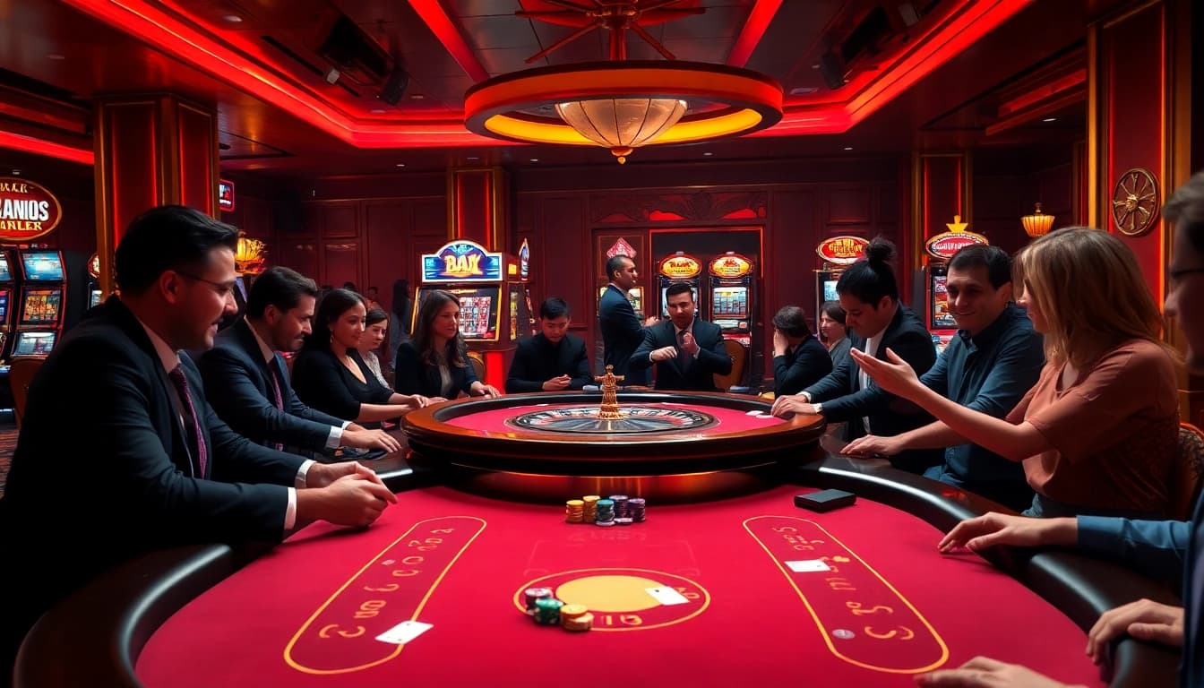 Engaging in a B52 poker game at a luxurious casino table surrounded by vibrant colors.