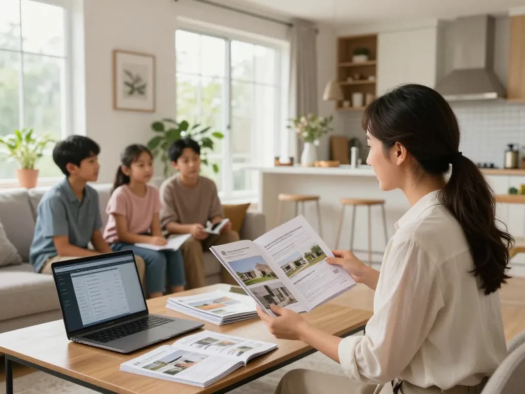 Immobilienmakler Frankfurt Preungesheim unterstützt Hauskäufer in einem stilvollen Wohnzimmer und zeigt die Eigenschaften der Immobilie.