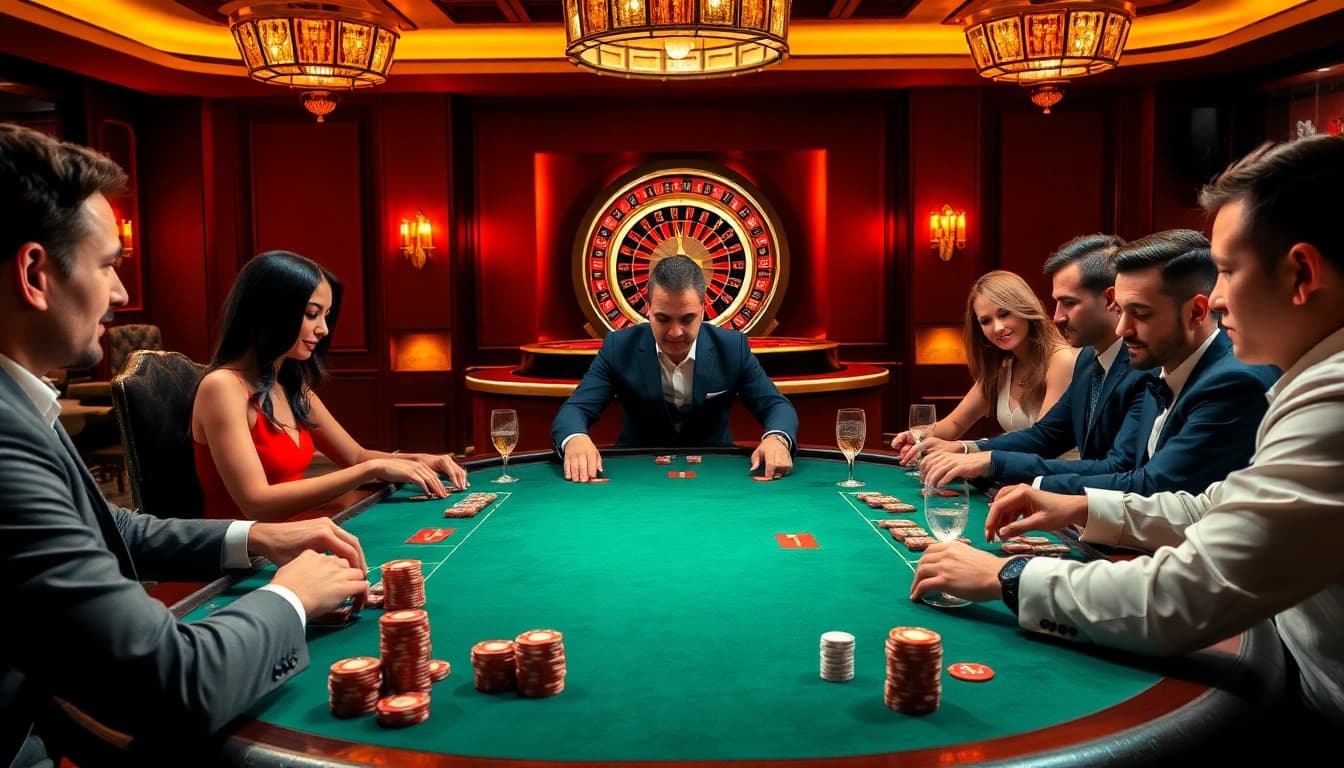 An exciting poker game at https://x88casino.net/ showcasing high-stakes action and luxury.