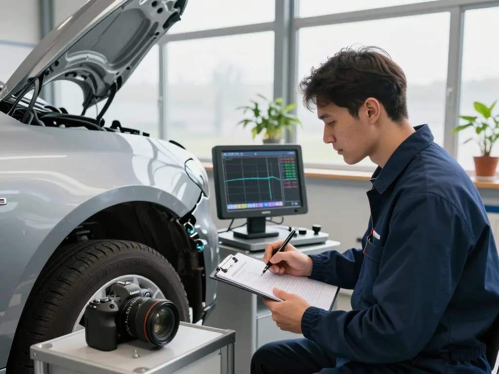 Kfz Gutachter Düren inspiziert Fahrzeugschäden, umgeben von Diagnosetools in einer professionellen Werkstatt.
