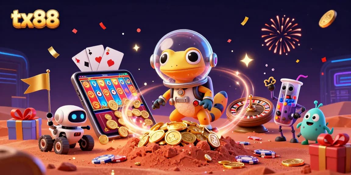 Spin colorful slots at tx88 with a Martian gecko in a golden casino adventure!