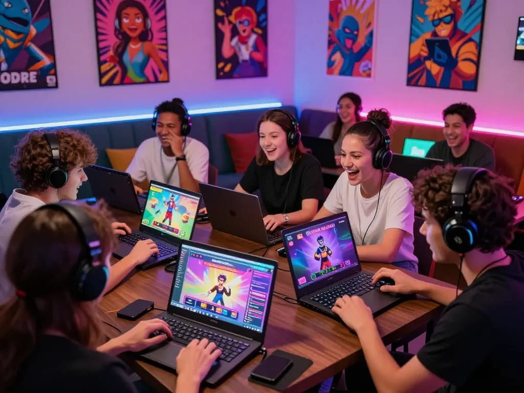 Engaging scene of players enjoying vibrant porn ganes on various devices in a colorful gaming lounge.