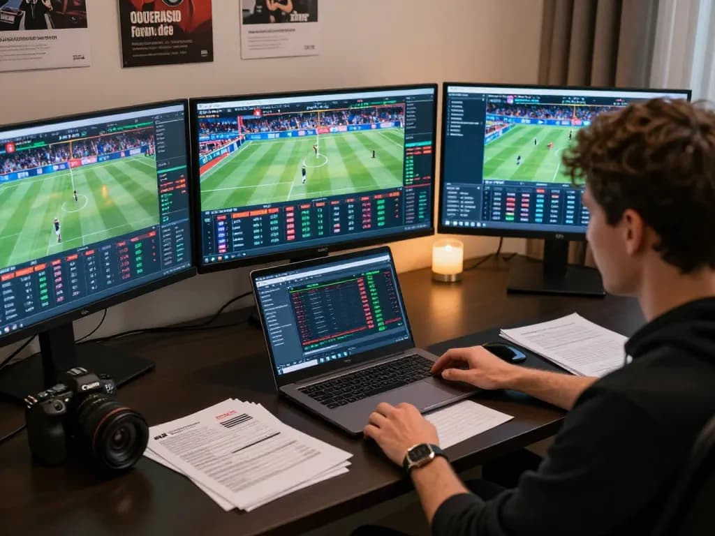 Place strategic bets on mk8 while analyzing live sports in a modern home office setup
