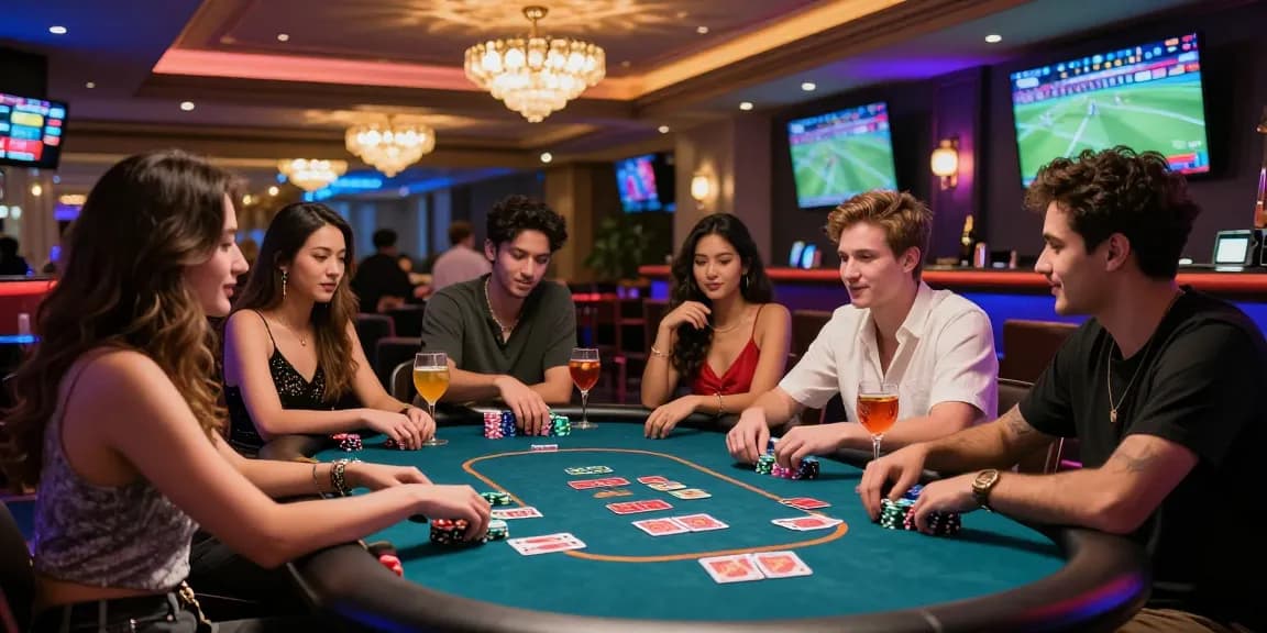 Social gamblers enjoying rokok88 alternatif in a lively urban lounge filled with excitement.