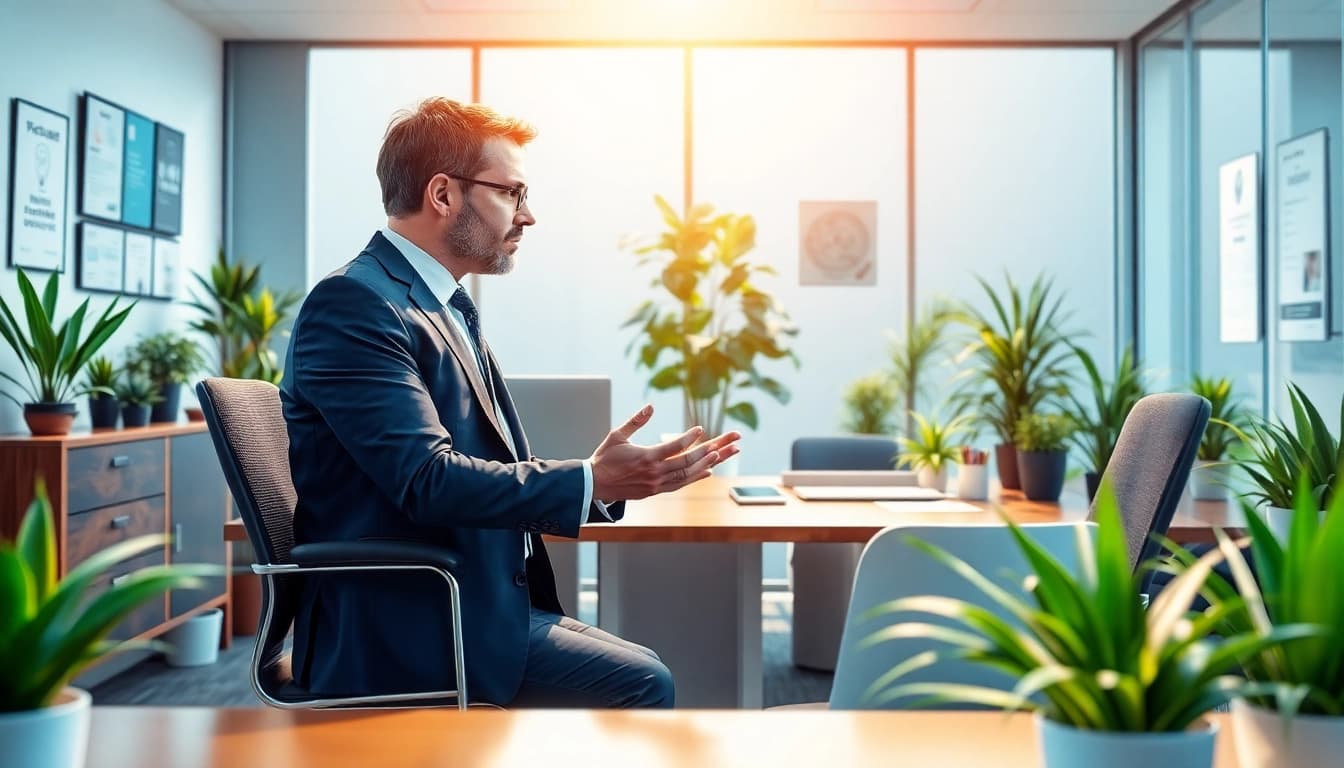 Headhunter Kassel: Professional office scene with a headhunter interviewing a candidate, showcasing a warm and inviting atmosphere.