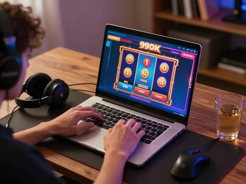 Player enjoying 99OK casino games on a laptop, showcasing vibrant slot machine graphics in a cozy workspace.