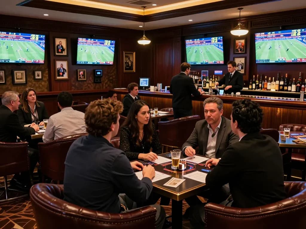 Keen bettors analyzing live sports odds at keonhacaii in an elegant casino lounge