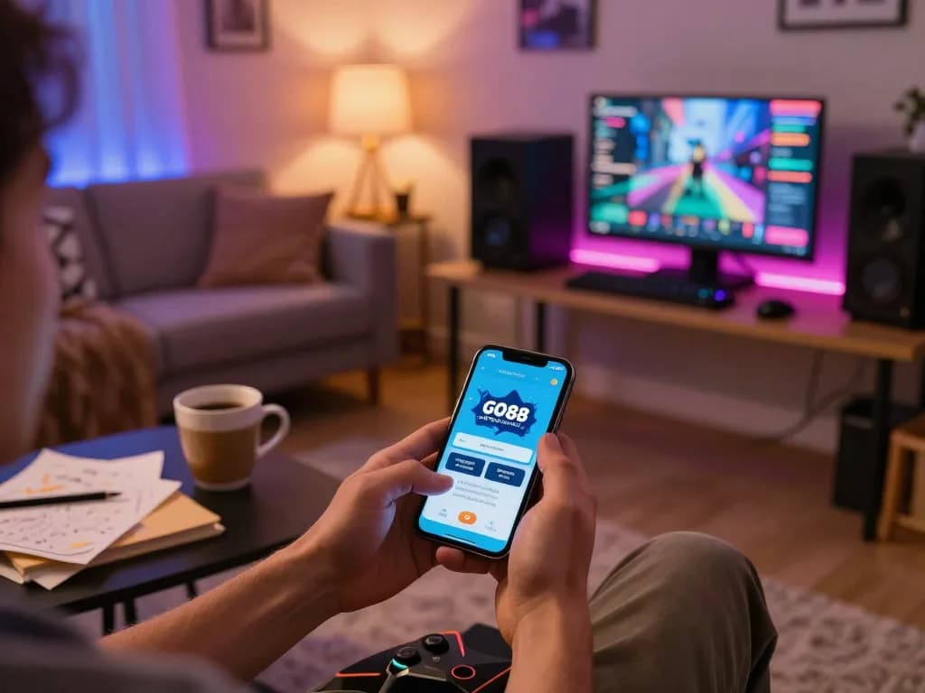 Player enjoying the GO88 app in a cozy home setup, showcasing mobile gameplay excitement and responsible gambling.