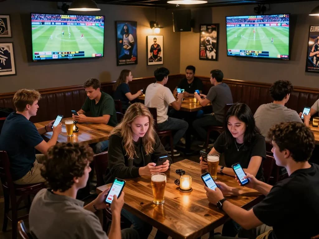 Engaged patrons checking tỷ lệ kèo nhà cái hôm nay on their phones while watching live sports.