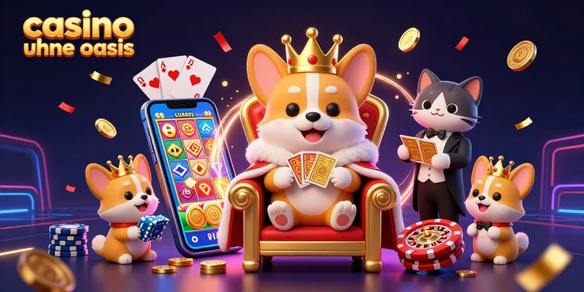 Spin and win in a casino ohne oasis with vibrant slots and royal corgis celebrating.