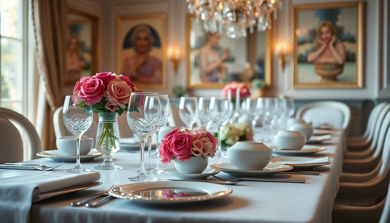 Indulge in luxury dining with an elegantly set table adorned with fine china and crystal glassware.