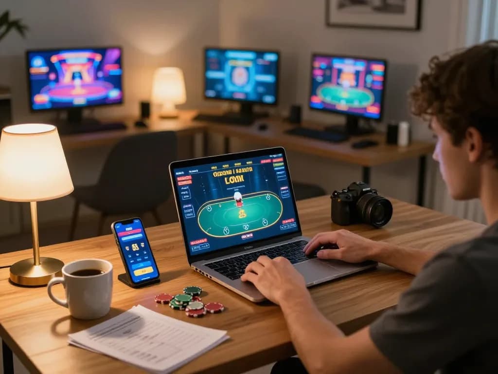 Player engaged with the QQ 88 app on a laptop during a cozy home poker strategy session.