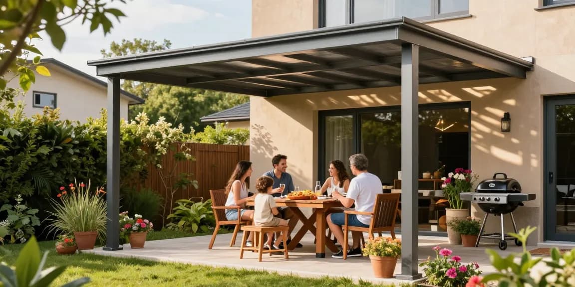 Terrassenüberdachung aus Aluminium, Familie genießt sonnigen Nachmittag auf der Terrasse mit Pflanzen und Barbecue.