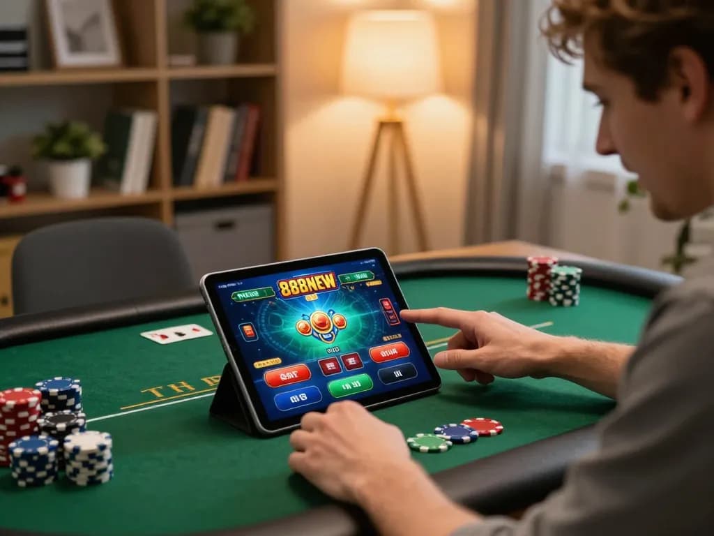 Player enjoying 888NEW app on tablet while managing poker chips in cozy home setup