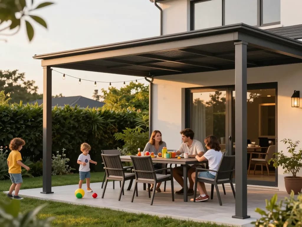 Stylische Familie, die Zeit unter einer Terrassenüberdachung auf einer sonnigen Terrasse genießt.