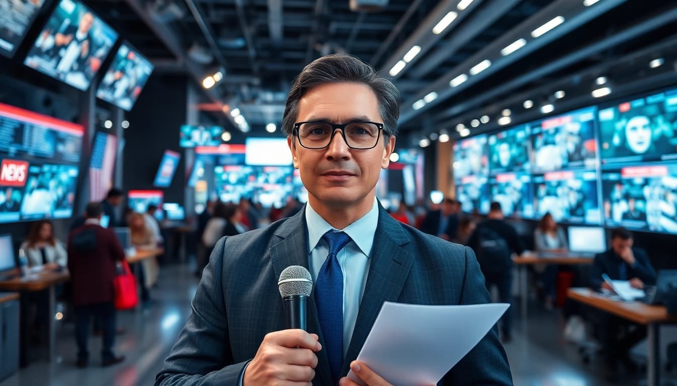 Aktuelle Meldungen werden von einem engagierten Reporter im Nachrichtenraum präsentiert