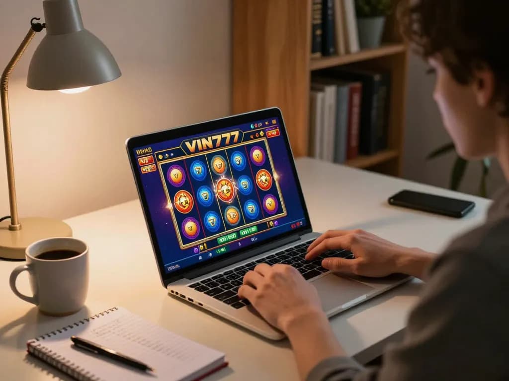 Experience VIN777 excitement at home with a person playing online slots in a cozy setting, strategic notes visible.