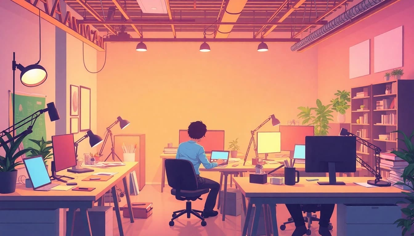 Konzentrierte Künstler arbeiten in einem Animationsstudio mit modernster Technik und kreativen Projekten.
