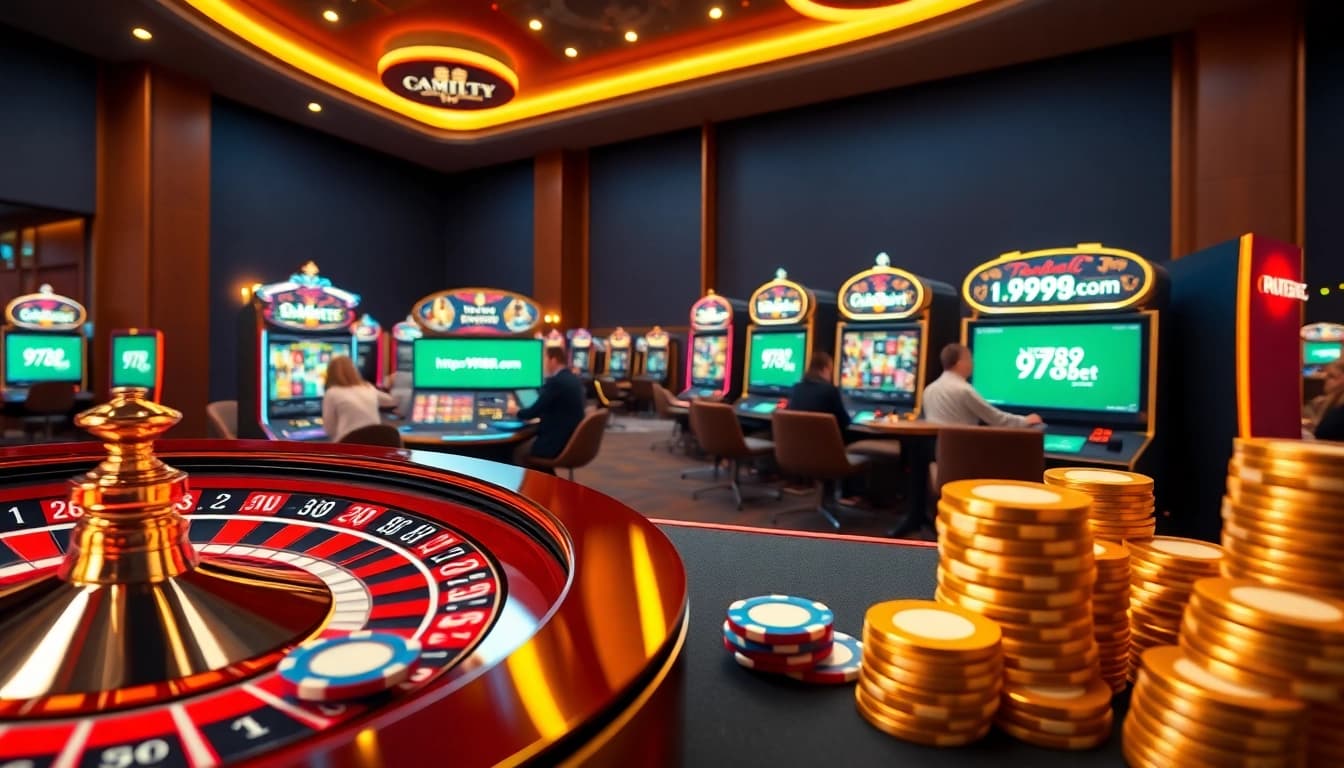 Experience the thrill of online gambling with https://9789bet.com/ and vibrant casino visuals featuring roulette and poker chips.