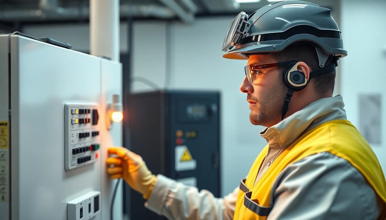 Prüfer führt eine DGUV V3 Prüfung durch, kontrolliert elektrische Geräte in einem modernen Büro.