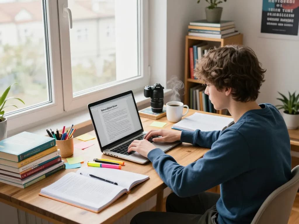 Student, der sich darauf konzentriert, Hausaufgaben zu lösen, in einem hellen Arbeitszimmer mit Lehrbüchern und Laptop.