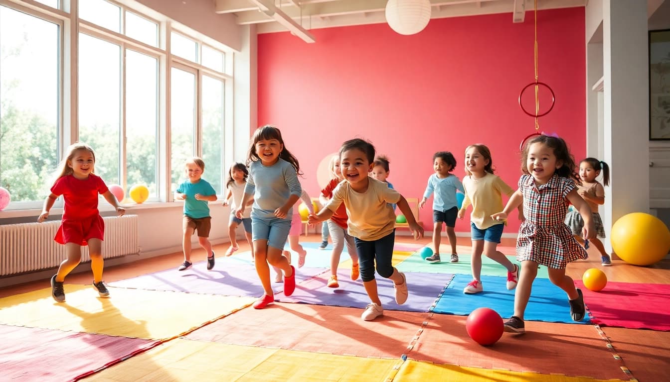 Kinder spielen froehliche Bewegungsspiele drinnen, mehr dazu lesen fuer kreative Inspiration.