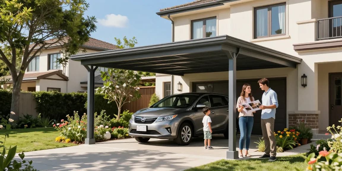 Der moderne Carport schützt das Fahrzeug in einer einladenden Gartenszene und bietet stilvolles Design.