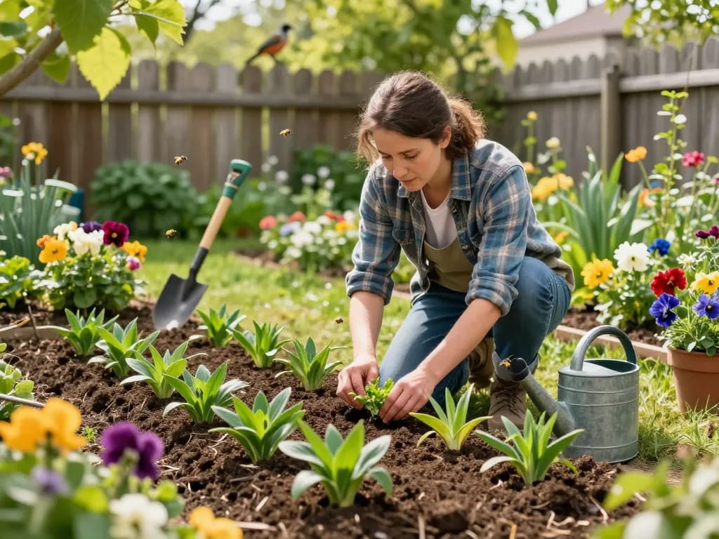 Gardener planting porree jungpflanzen in vibrant spring garden with blooming flowers.